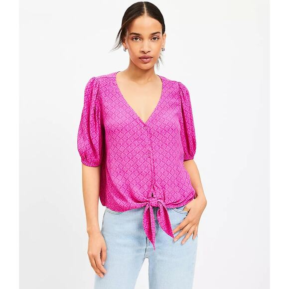 ANN TAYLOR NWT Stamped Puff Sleeve Tie Front Blouse, Size Small Petite - Picture 4 of 13